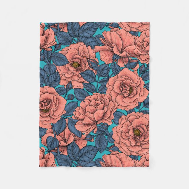 Pink roses with blue leaves on blue fleece blanket (Front)