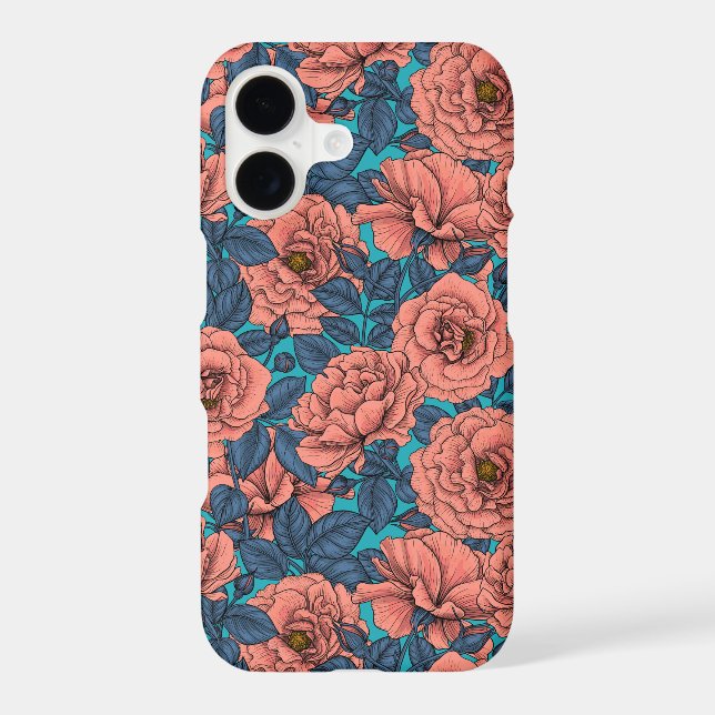 Pink roses with blue leaves on blue iPhone case (Back)