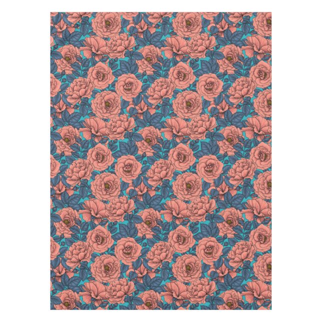 Pink roses with blue leaves on blue tablecloth (Front)
