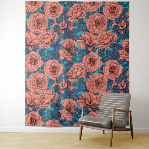 Pink roses with blue leaves on blue tapestry