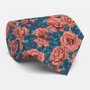 Pink roses with blue leaves on blue tie