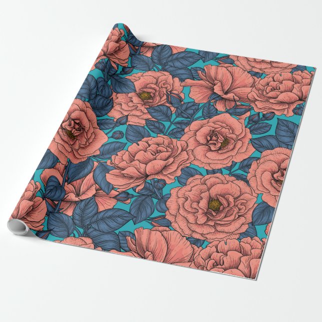 Pink roses with blue leaves on blue wrapping paper (Unrolled)