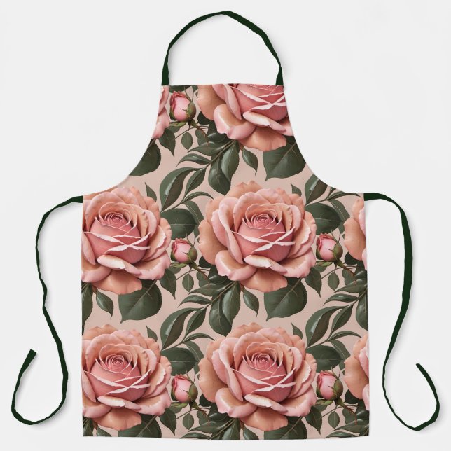 Pink Roses With Brushstroke Leaves  Apron (Front)