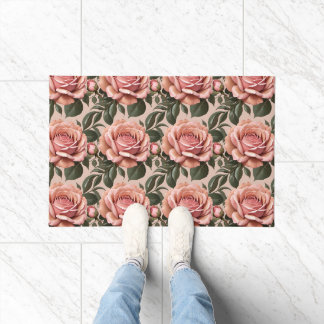 Pink Roses With Brushstroke Leaves Doormat