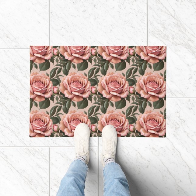 Pink Roses With Brushstroke Leaves  Doormat (Indoor)