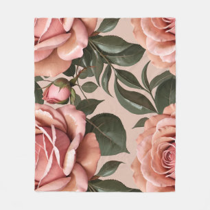 Pink Roses With Brushstroke Leaves  Fleece Blanket