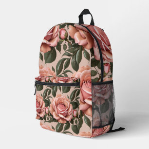 Pink Roses With Brushstroke Leaves Printed Backpack