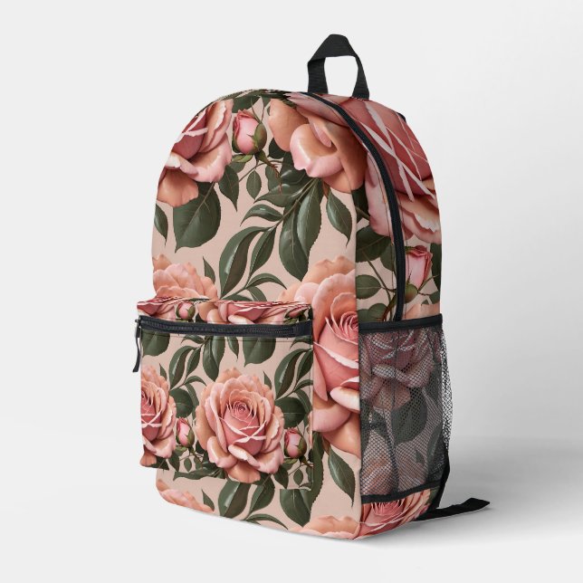 Pink Roses With Brushstroke Leaves  Printed Backpack (Back Corner Right)