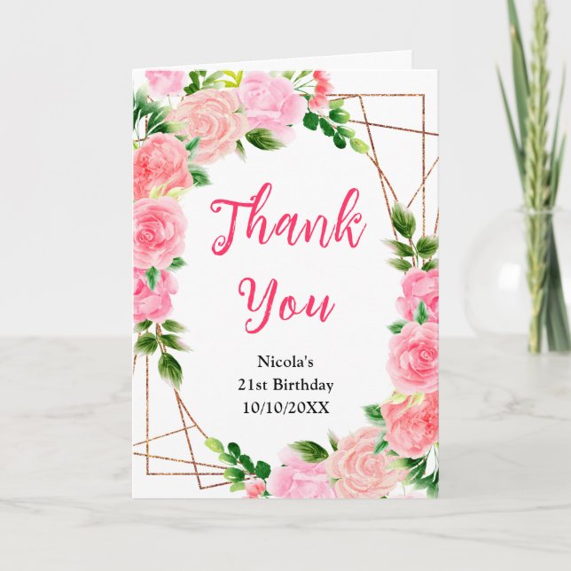 Pink Roses with Foliage Birthday Thank You Card (Front)