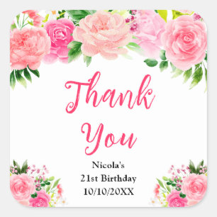 Pink Roses with Foliage Birthday Thank You Square Sticker