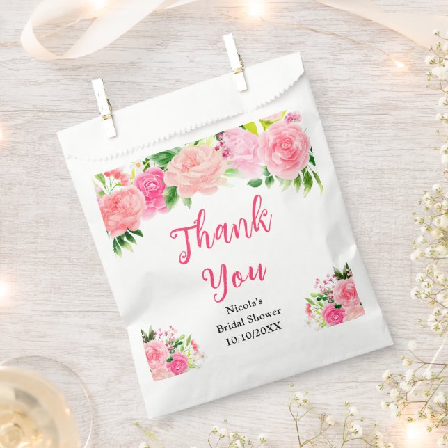 Pink Roses with Foliage Bridal Shower Favour Bags (Clipped)