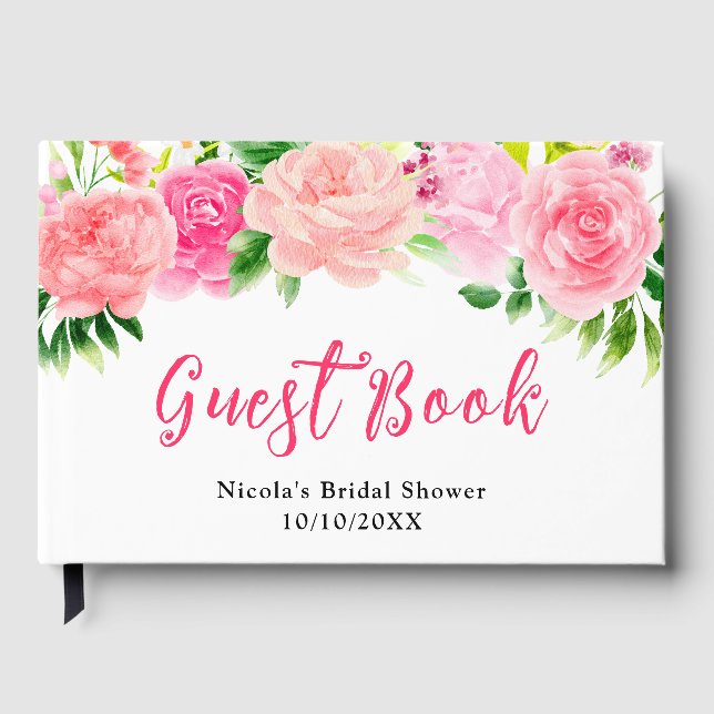 Pink Roses with Foliage Bridal Shower Guest Book (Front)