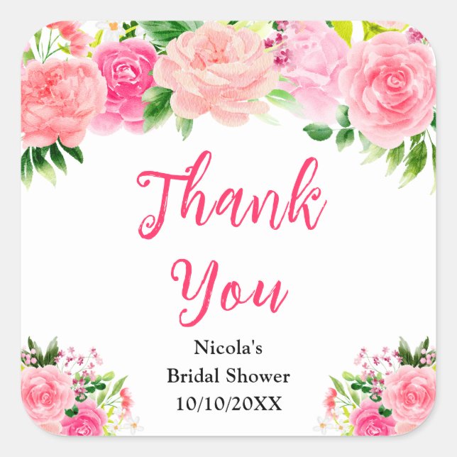 Pink Roses with Foliage Bridal Shower Thank You Square Sticker (Front)