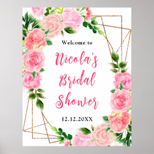 Pink Roses with Foliage Bridal Shower Welcome Poster