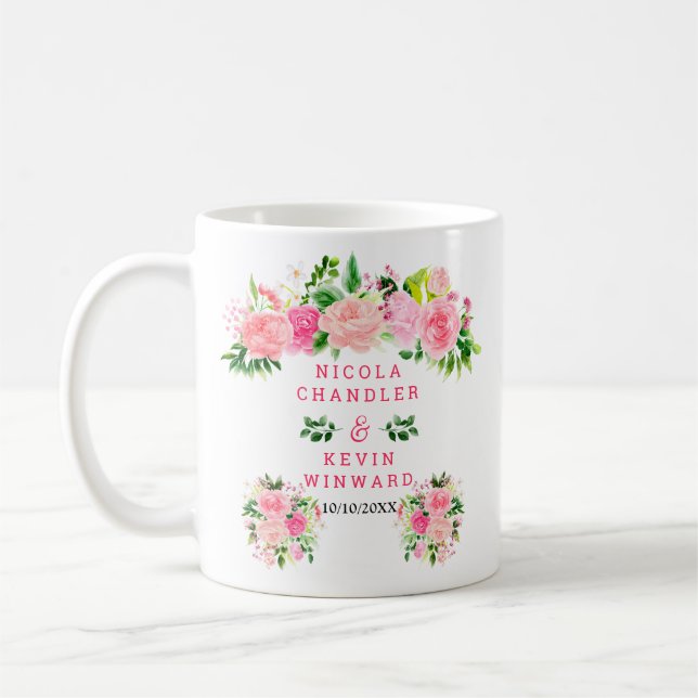 Pink Roses with Foliage Wedding Coffee Mug (Left)