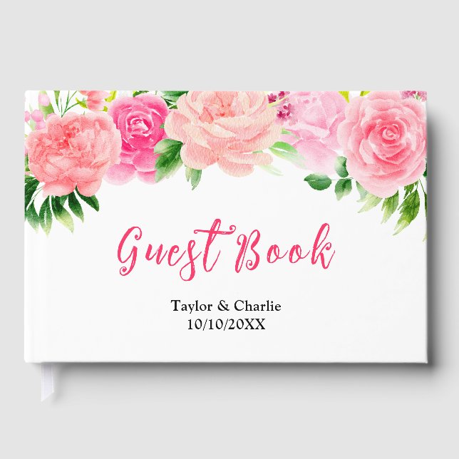 Pink Roses with Foliage Wedding Guest Book (Front)