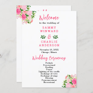 Pink Roses with Foliage Wedding Program Programme