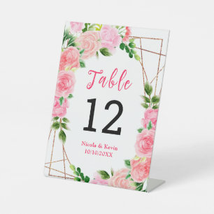 Pink Roses with Foliage Wedding Table Number Pedestal Sign