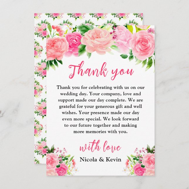 Pink Roses with Foliage Wedding Thank You Card (Front/Back)