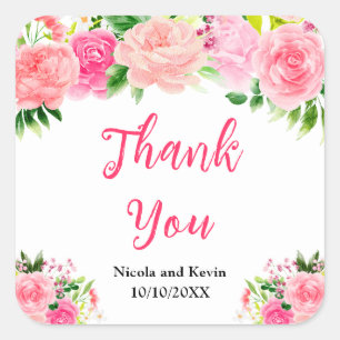 Pink Roses with Foliage Wedding Thank You Square Sticker