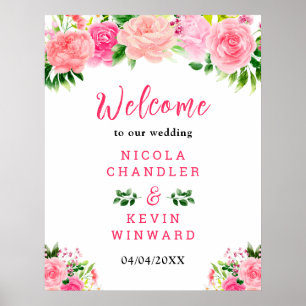 Pink Roses with Foliage Wedding Welcome Sign