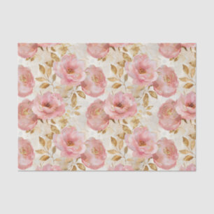 Pink Roses with Gold Leaves Pattern Tissue Paper