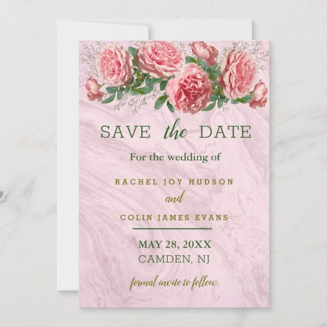 Pink Roses with Greenery Save the Date Invitation (Front)