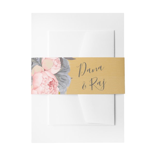 Pink Roses with Grey & Gold Wedding  Invitation Belly Band (Front Example)