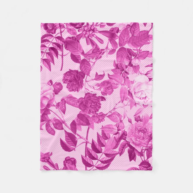 Pink Roses With Leaves Pattern Fleece Blanket (Front)