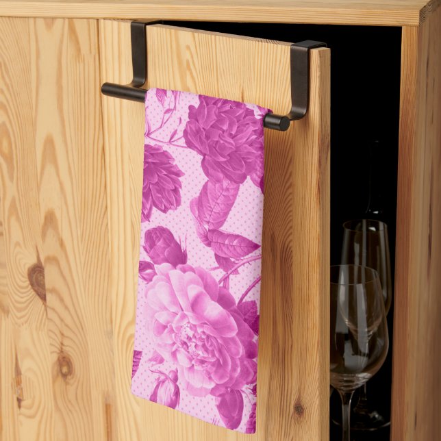 Pink Roses With Leaves Pattern Tea Towel (Thirds Fold)
