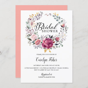 PInk Roses Wreath Bridal Shower Invitation