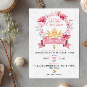 Pink Roses Wreath Chalice First Communion Invitation