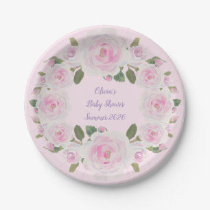 Pink Roses Wreath Name Paper Plate Baby Shower