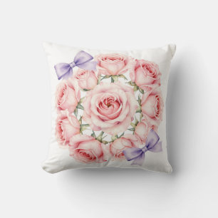 Pink Roses Wreath Watercolor Floral Cushion