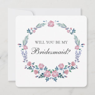 Pink roses wreath. Will you be my bridesmaid Invitation