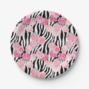 Pink Roses & Zebra Print Paper Plate