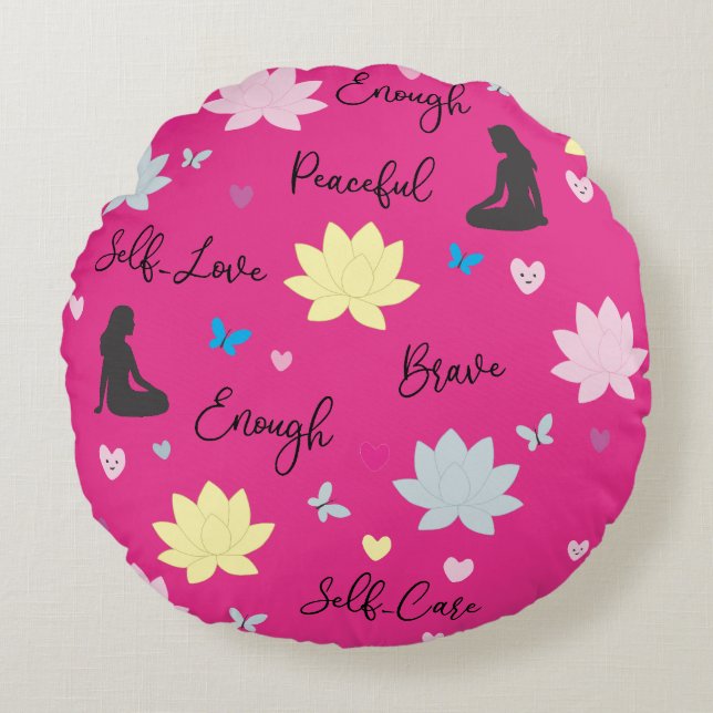 Pink Round Cushion | Flowers & Self-care Words (Front)