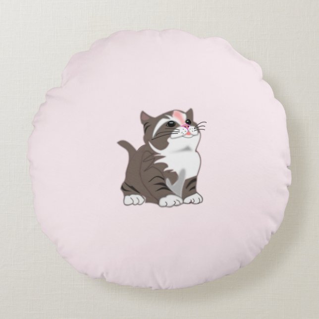Pink Round Pillow with Baby Cat (Front)