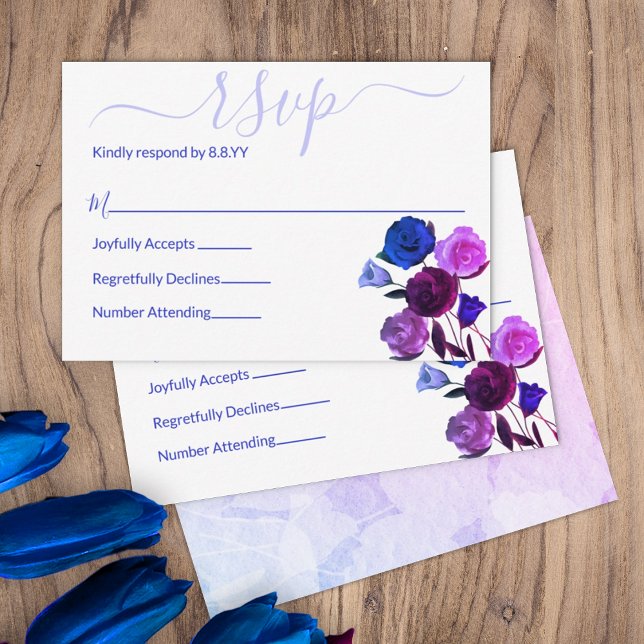Pink, Royal Blue, Berry Violet Wedding Floral RSVP Advice Card (berry purple dark blue wine wedding color palette rsvp enclosure cards reply response botanical rose)