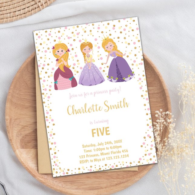 Pink Royal Party Card for Girls (5th Princess Birthday Invitations)