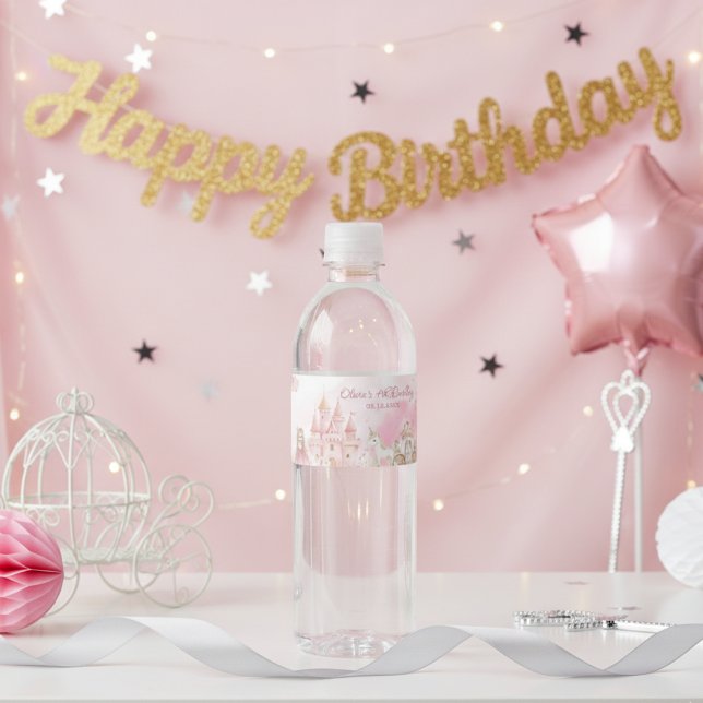 Pink Royal Princess Castle 4th Birthday Party  Water Bottle Label (Creator Uploaded)