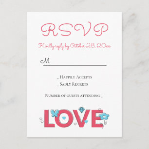 Pink RSVP Love Wedding Party Hearts Butterfly Invitation Postcard