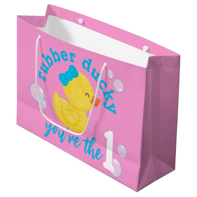 Pink Rubber Ducky You're the One 1st Birthday Large Gift Bag (Front Angled)