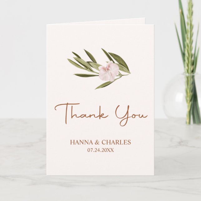 Pink Ruby Greenery Orchid Eucalyptus Wedding Thank You Card (Front)