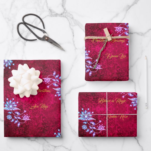 Pink & Ruby Merry Christmas Holiday Blessings Wrapping Paper Sheet (Front)