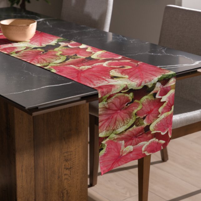 Pink Ruffled Caladium Leaves Floral Short Table Runner (In Situ)