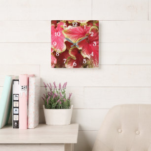 Pink Ruffled Caladium Leaves Floral Square Wall Clock