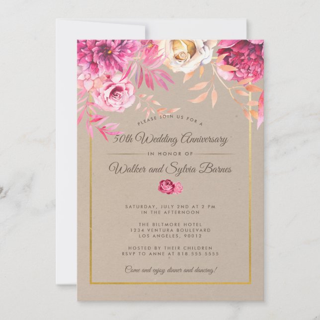 Pink Rustic 50th Wedding Anniversary Invitation (Front)