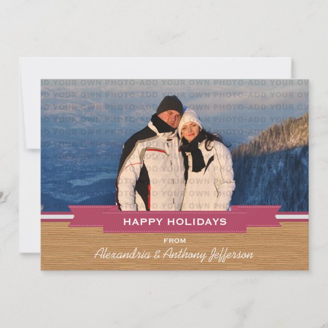 Pink Rustic Banner Holiday Photo Flat Card (Front)