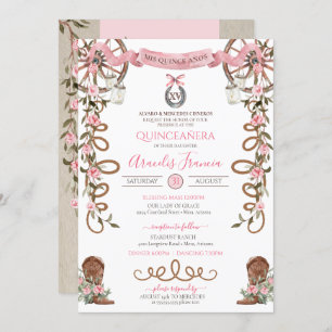 Pink Rustic Boho Western Charra Theme Quinceanera  Invitation